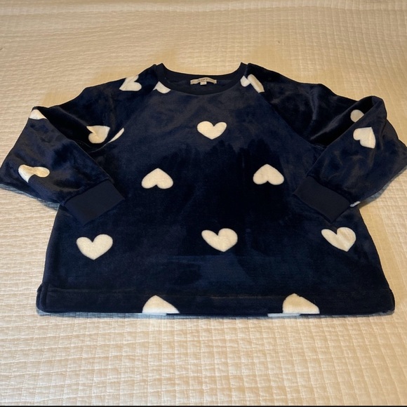LOFT, Crewneck Velour Sweatshirt, Navy w/White Hearts, XL - Picture 1 of 4